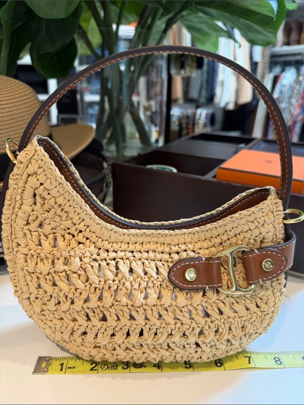 Lauren Ralph Lauren mini woven Straw Bag with Brown Leather Trim - Picture 3 of 10